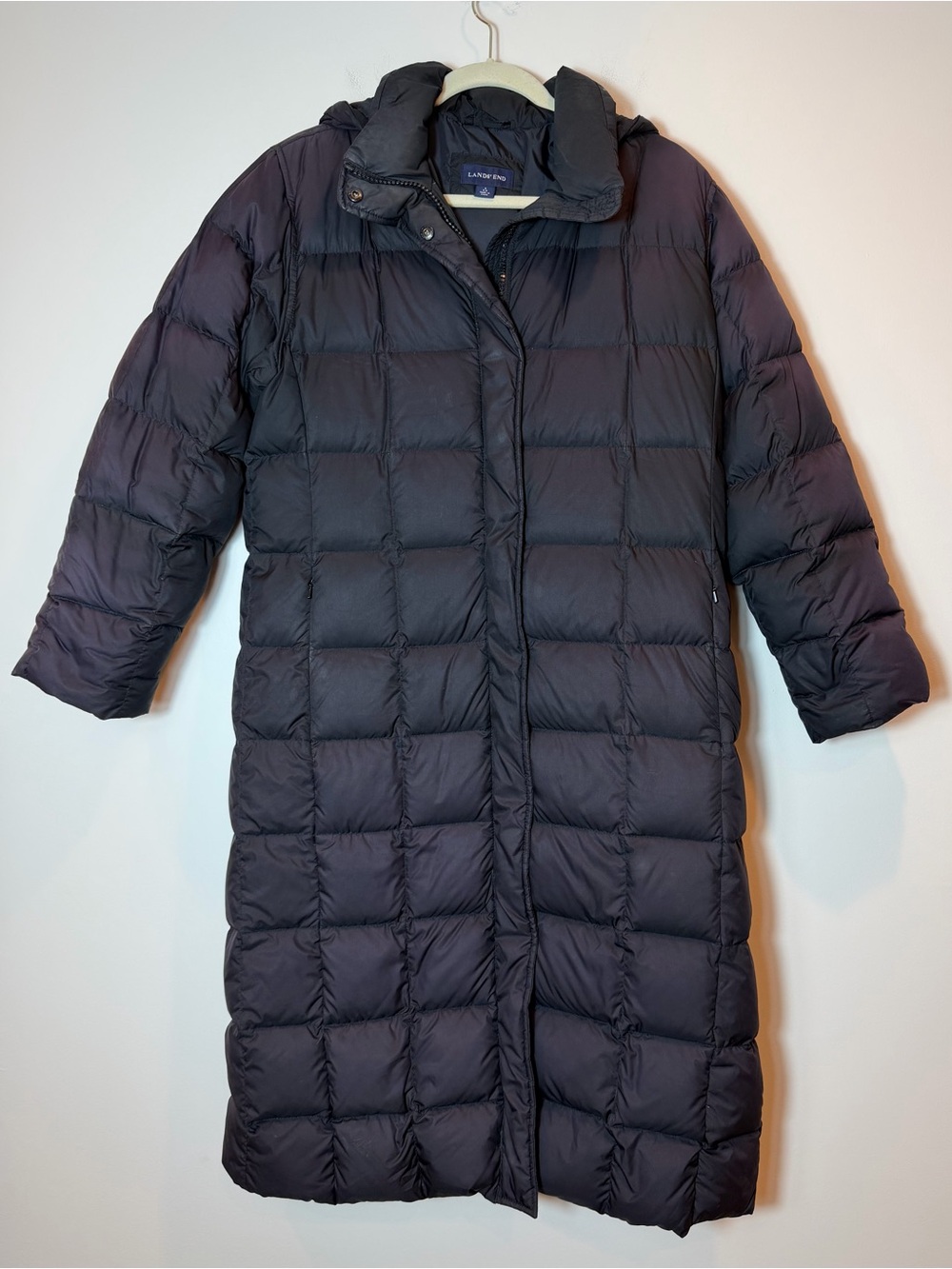 Lands' End Black Long Quilted Down Puffer Coat with Hood Size Small